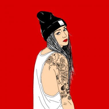 tattoo, portrait, illustration, graphic design, hipster, girl, red, carhartt