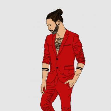 tattoo, portrait, illustration, graphic design, hipster, suit, red